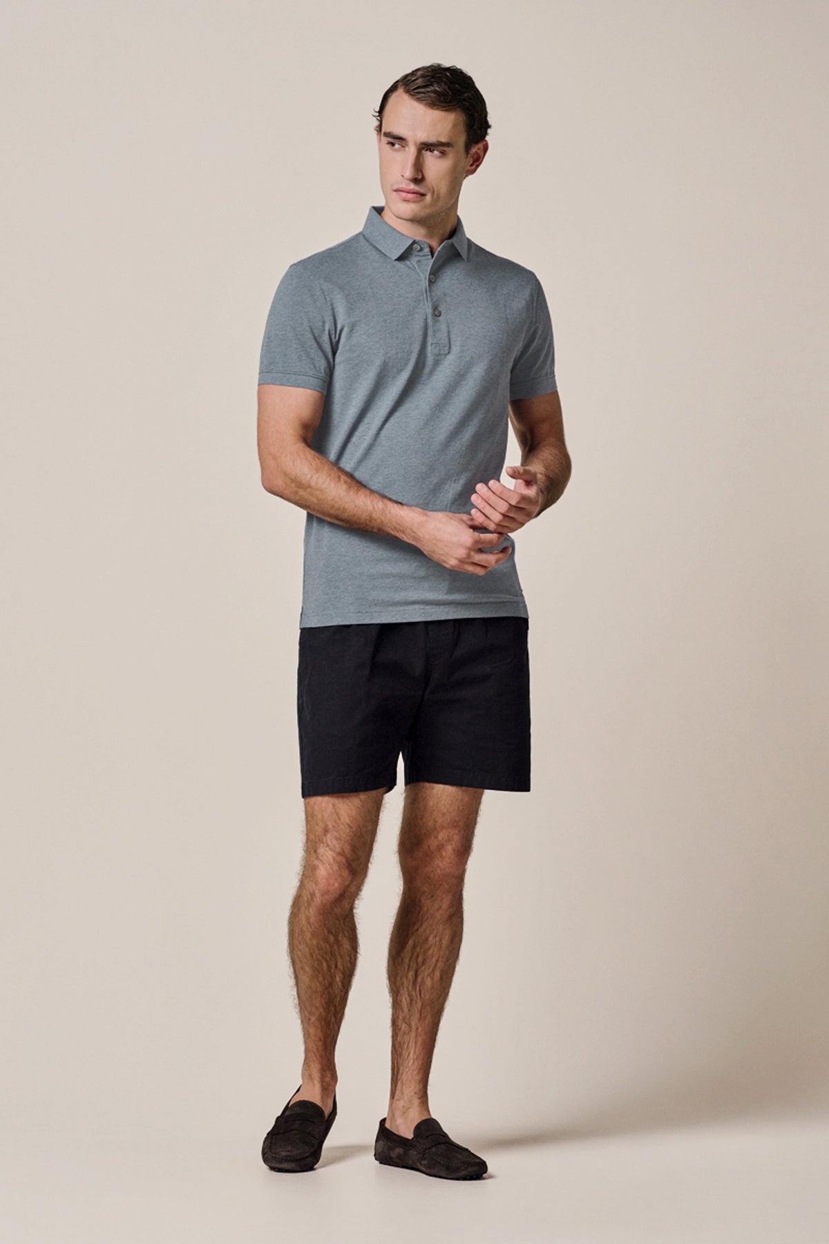 Blauwe stretch piqué polo