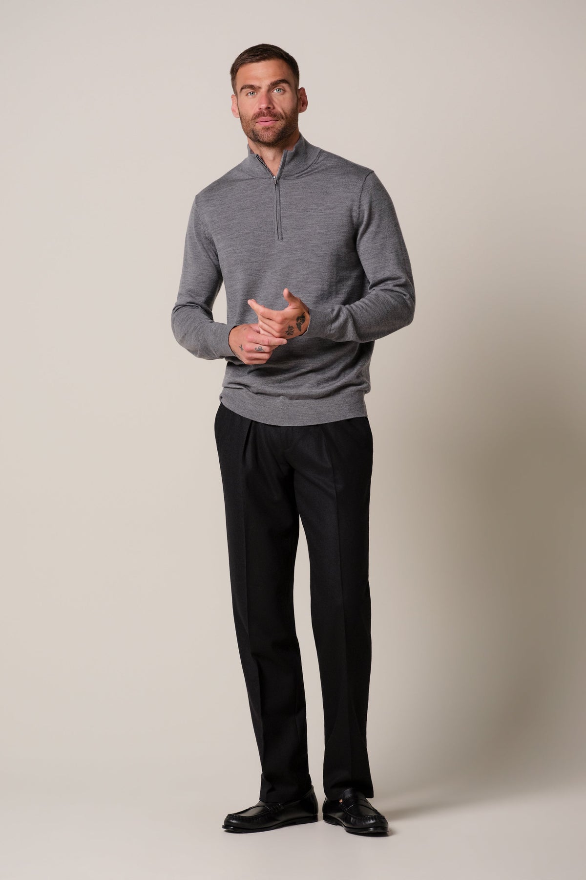 Donkergrijze merino half zip