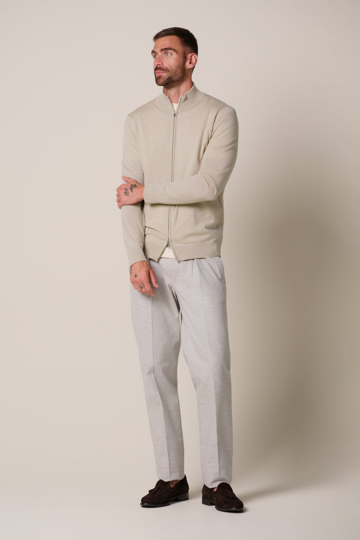 The Hawthorne Beige Merino Full-Zip Vest