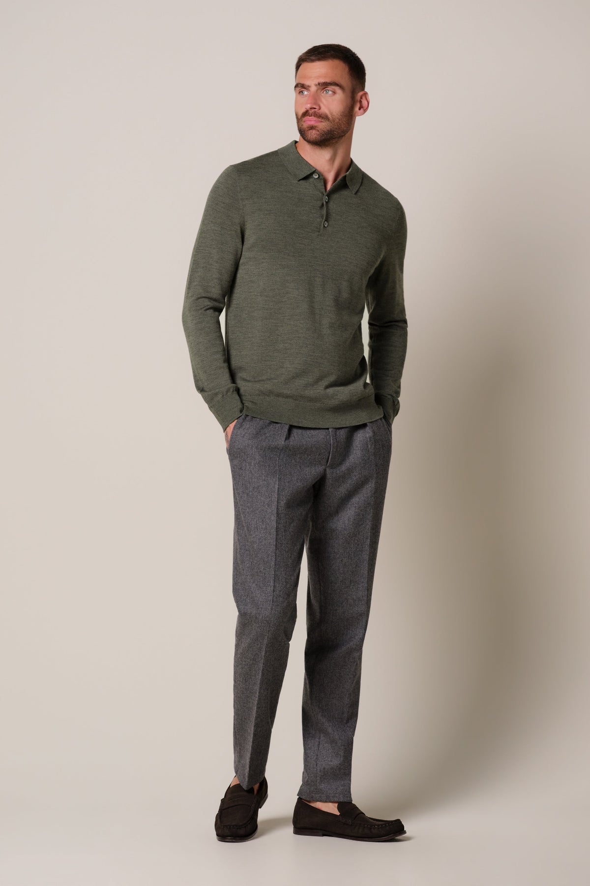 Donkergroene merino polo
