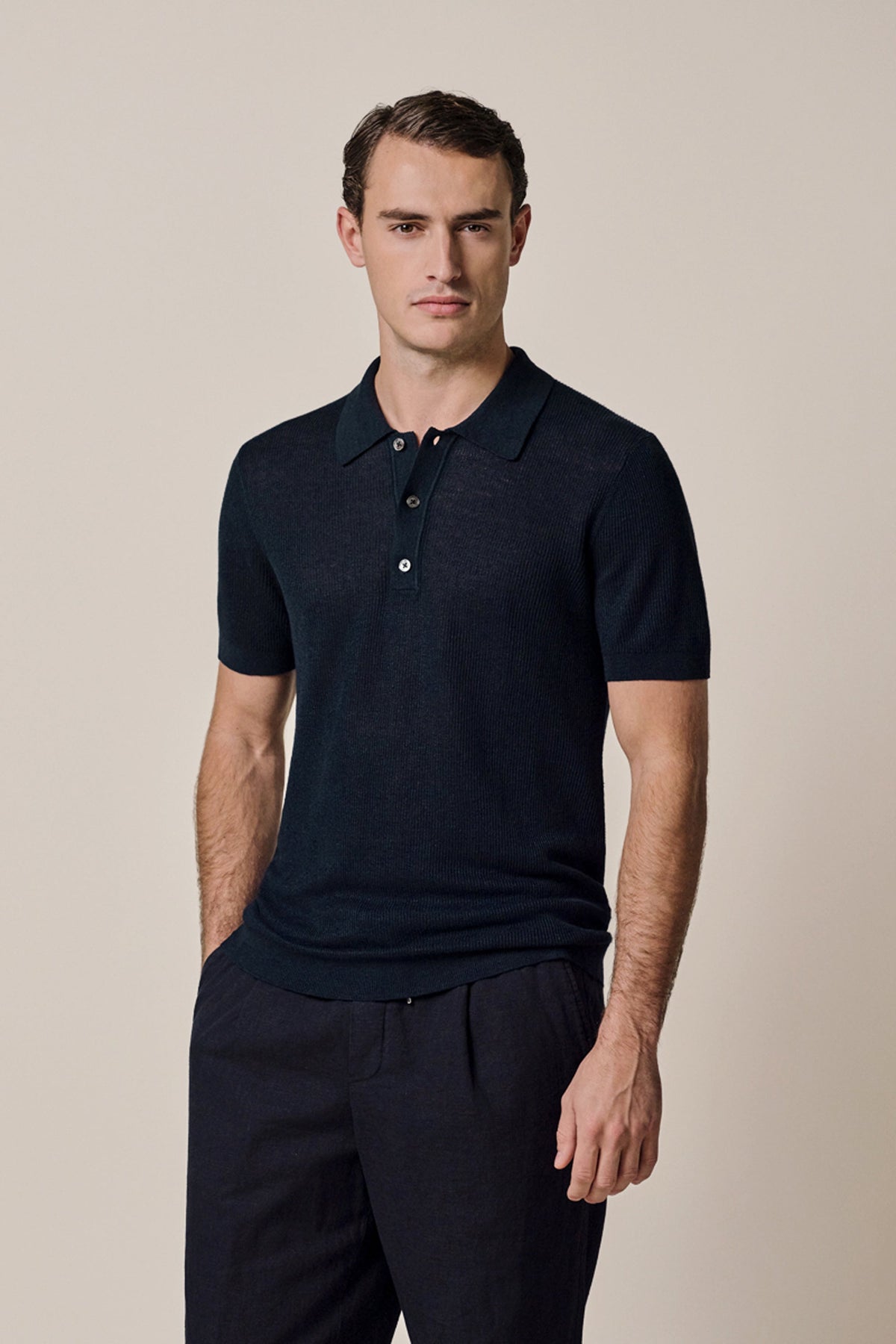 Navy linnen-katoen polo