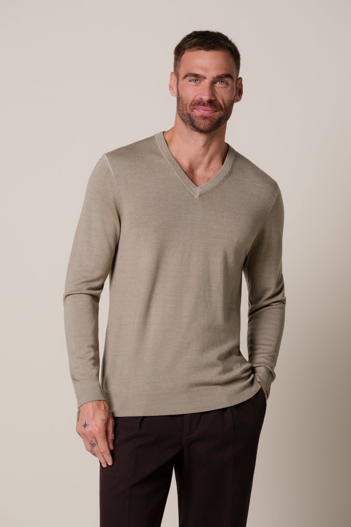 Beige Garment Dye merino V-neck