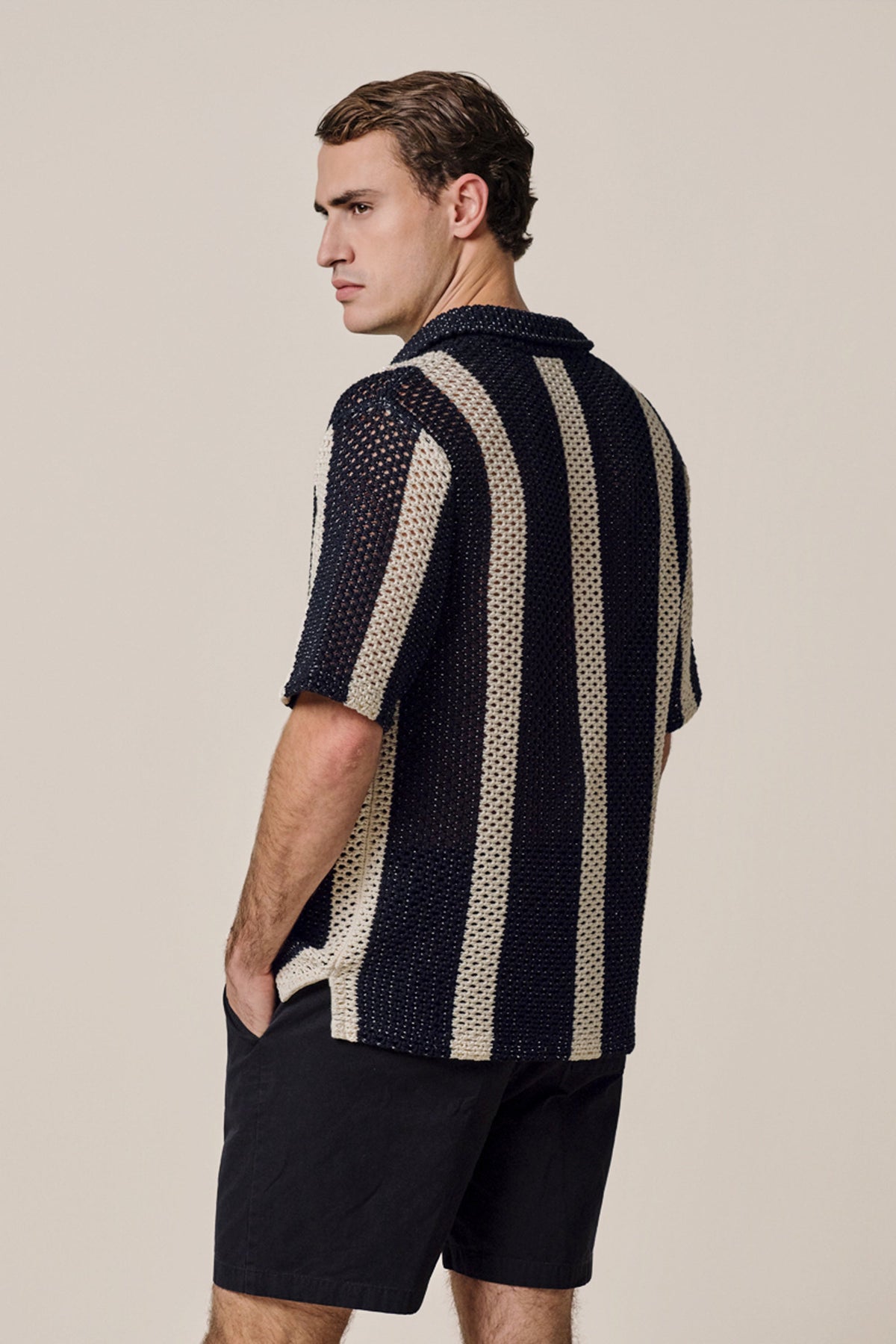 Navy crochet button through polo