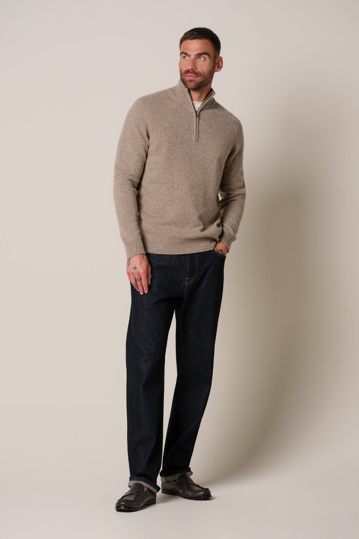 Beige two-tone wollen half zip