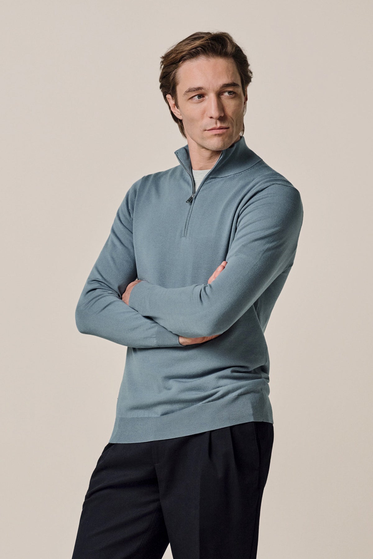 Grijsblauwe Luxury Basic half zip