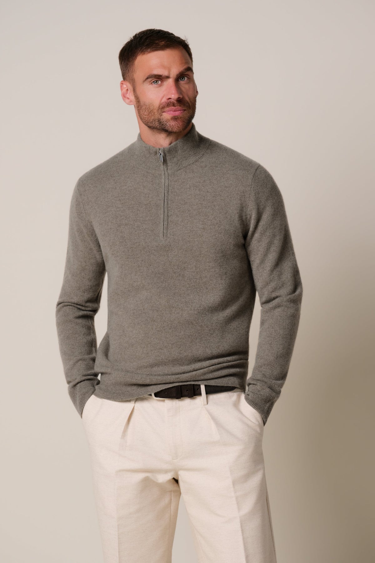 Donkerbeige cashmere half zip
