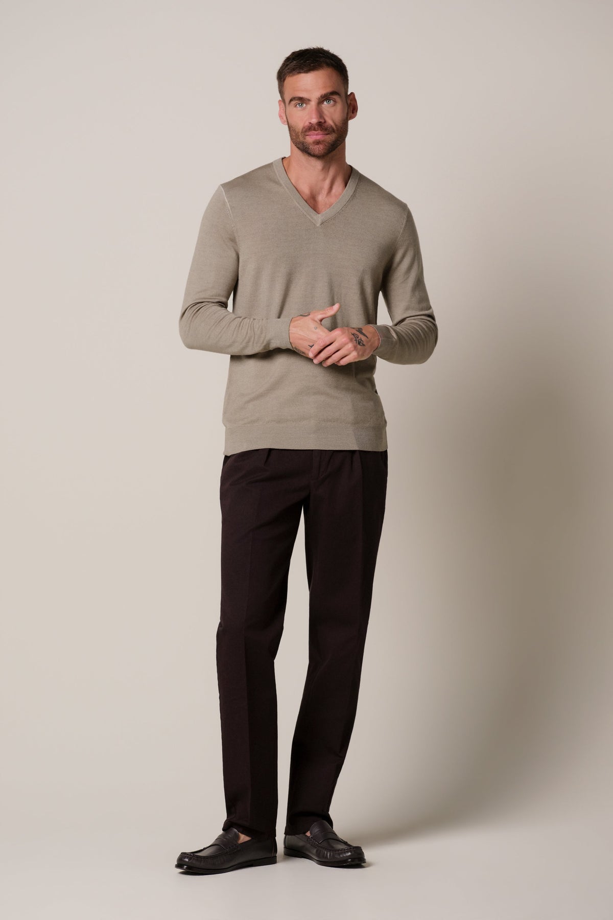 Beige Garment Dye merino V-neck