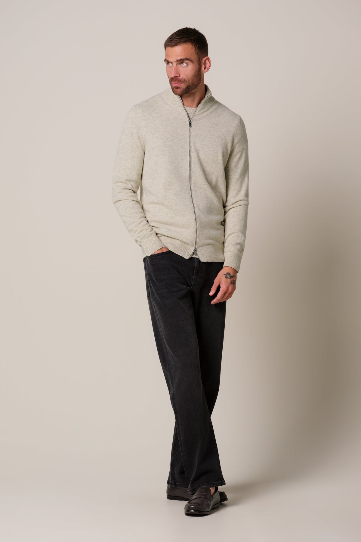Beige wol blend full zip cardigan