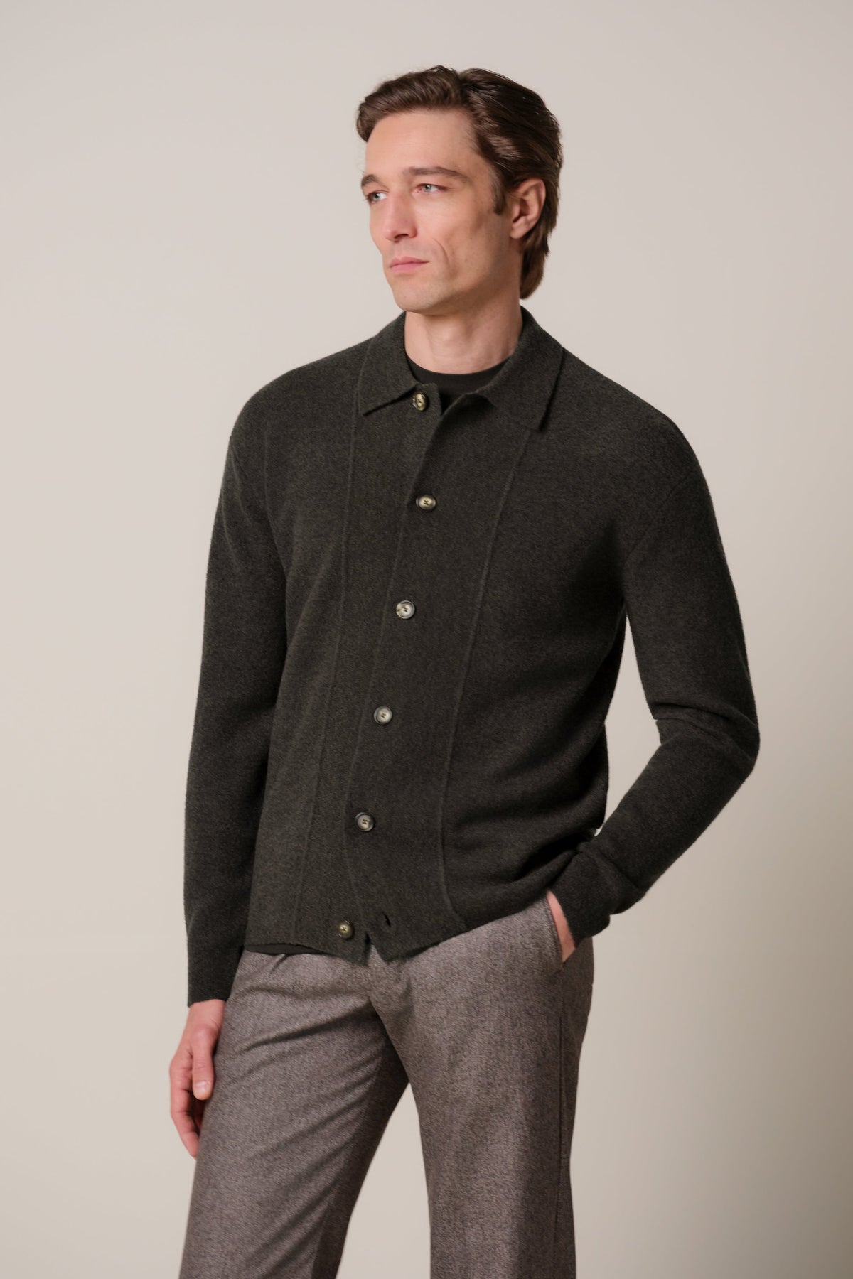 Bruine boiled wollen full button polo