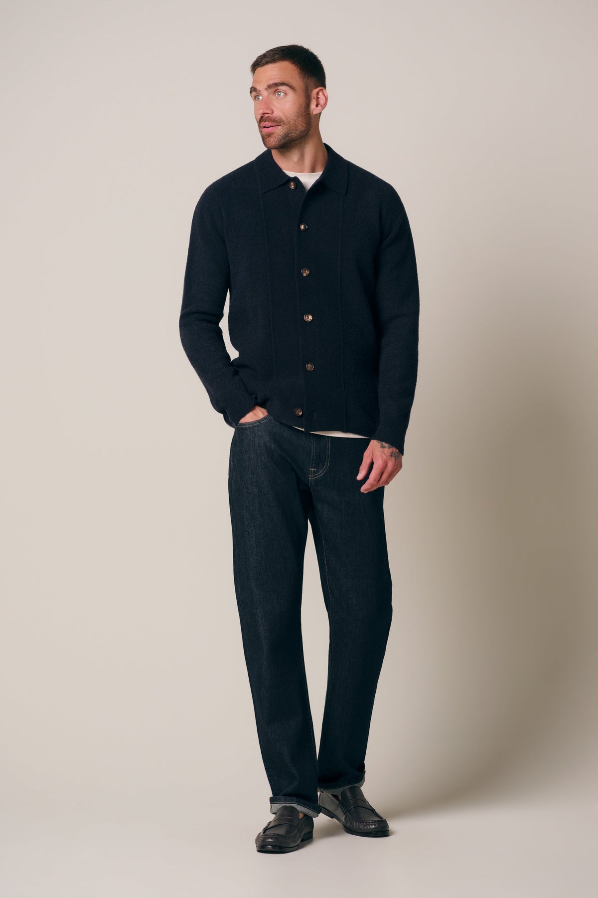 Navy boiled wollen full button polo