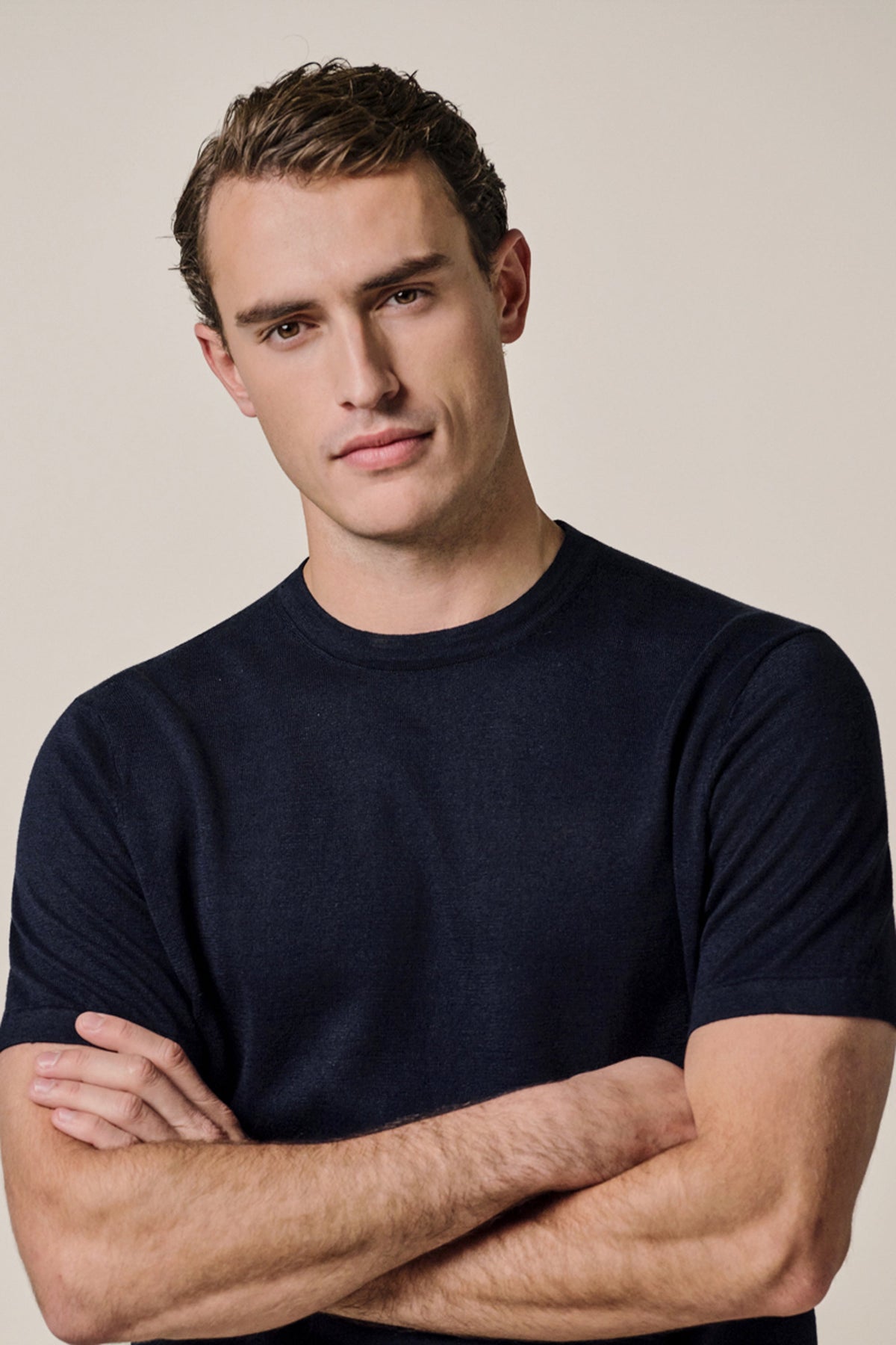 Navy linnen katoenen t-shirt