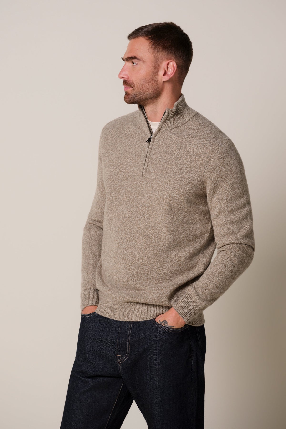 Beige two-tone wollen half zip