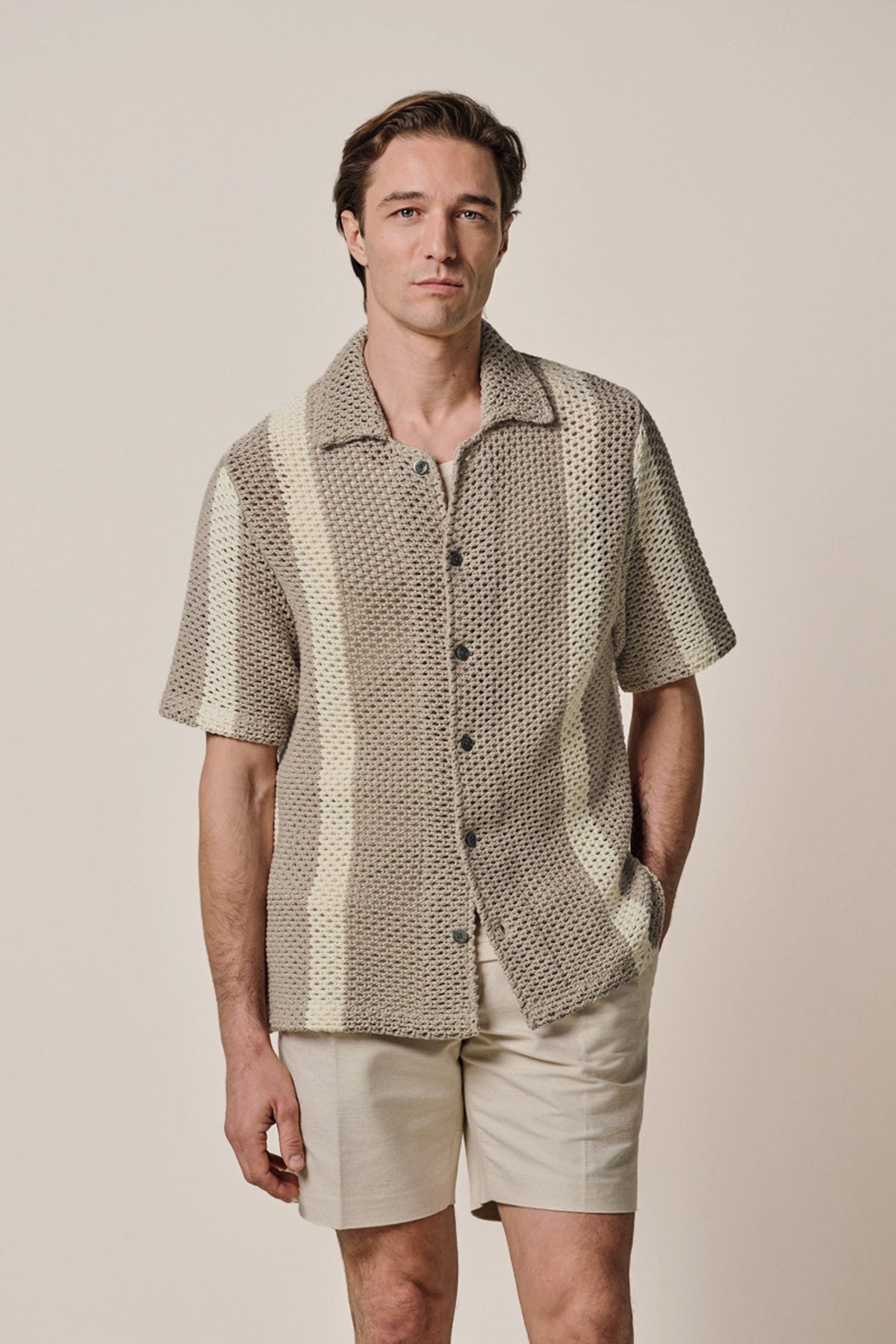 Beige crochet button through polo