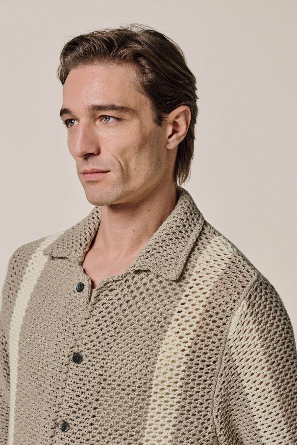 Beige crochet button through polo