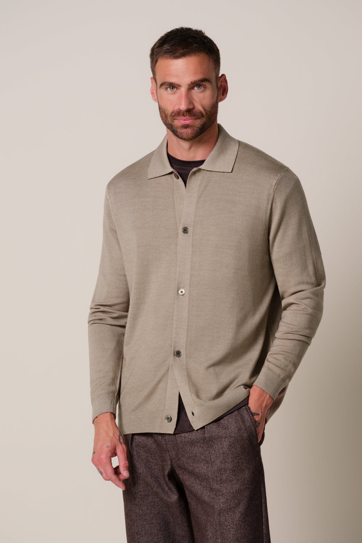 Beige Garment Dye merino polo