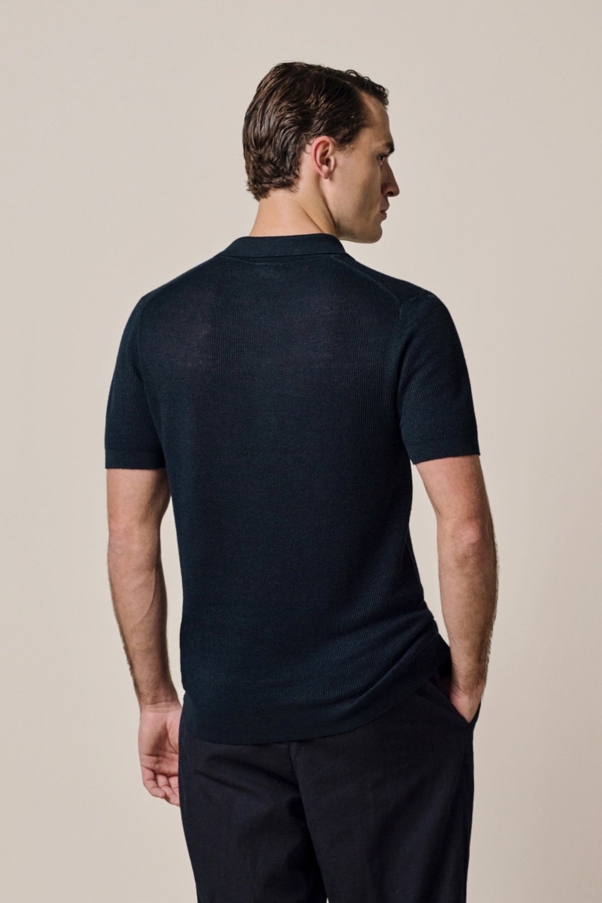 Navy linnen-katoen polo
