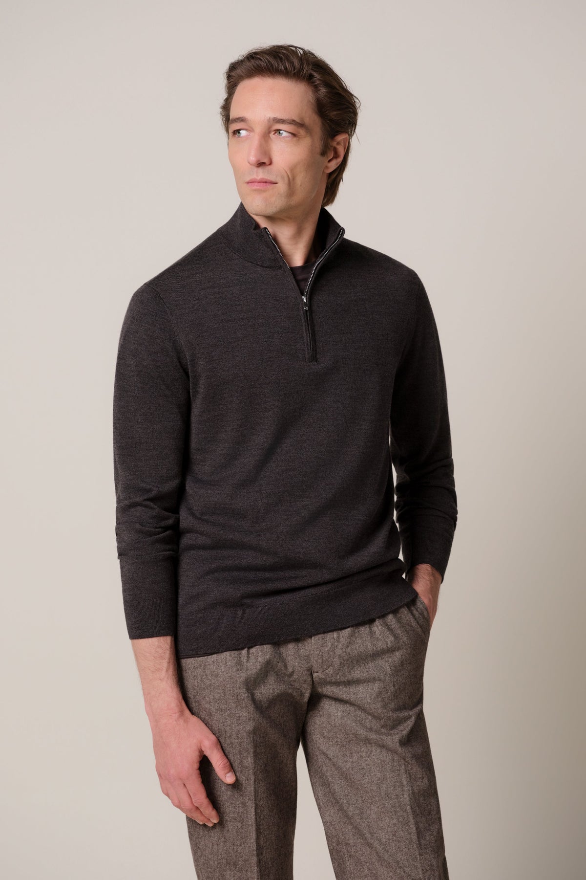 Donkerbruine merino half zip