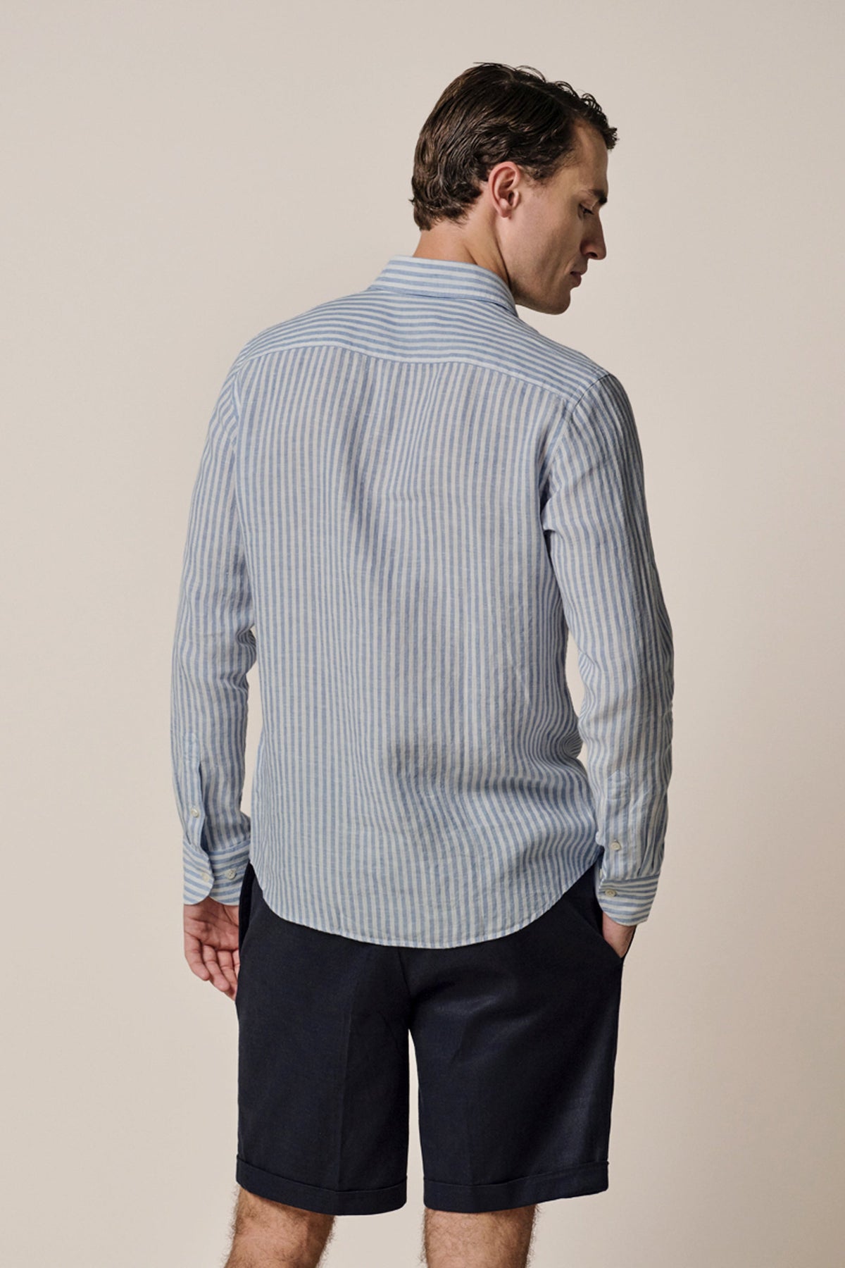 Blauw linnen streep overhemd