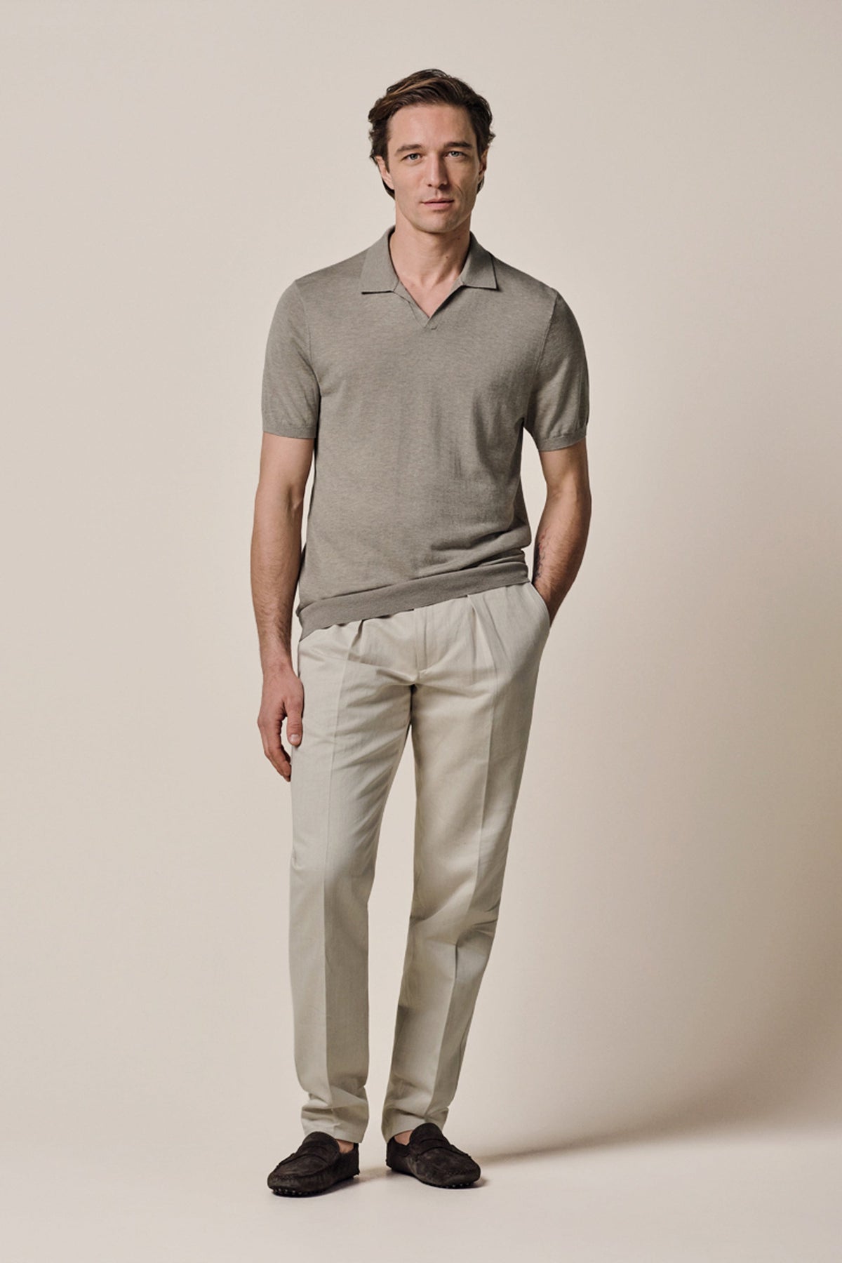 Beige Luxury Basic open kraag polo