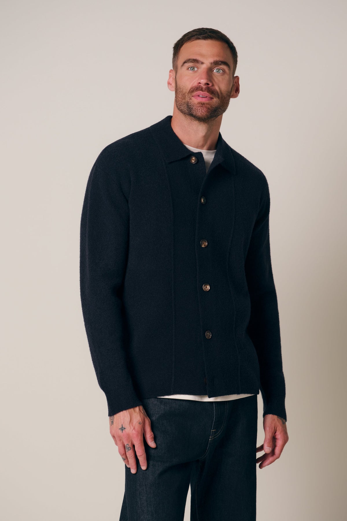 Navy boiled wollen full button polo