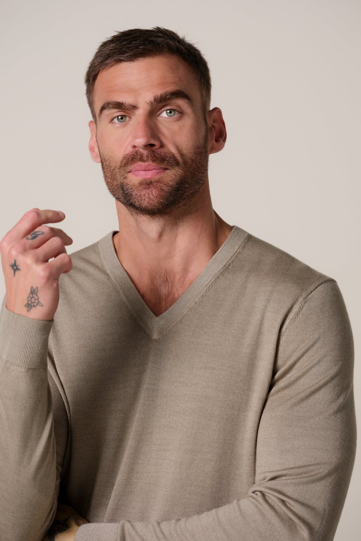 Beige Garment Dye merino V-neck