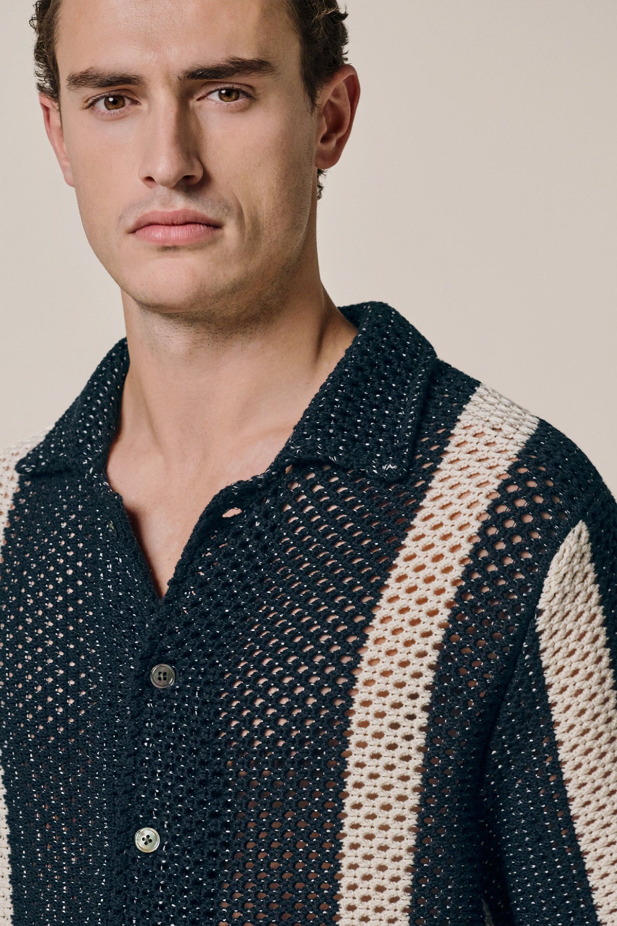 Navy crochet button through polo