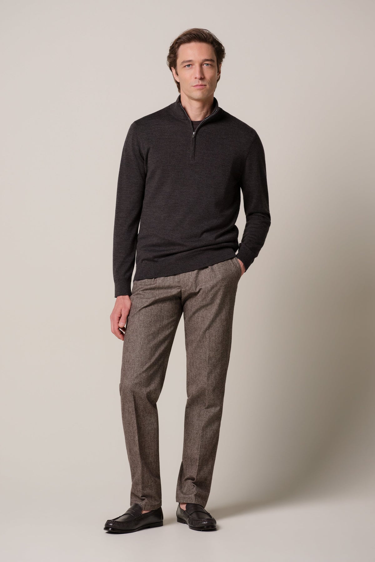 Donkerbruine merino half zip