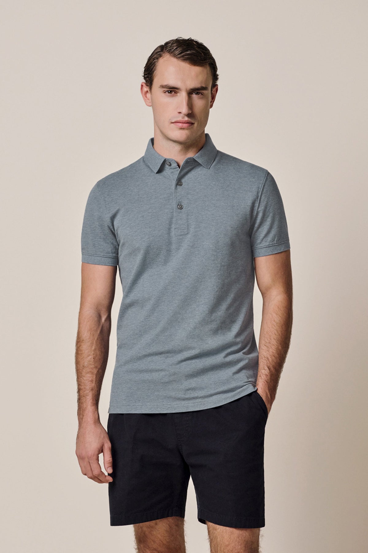 Blauwe stretch piqué polo