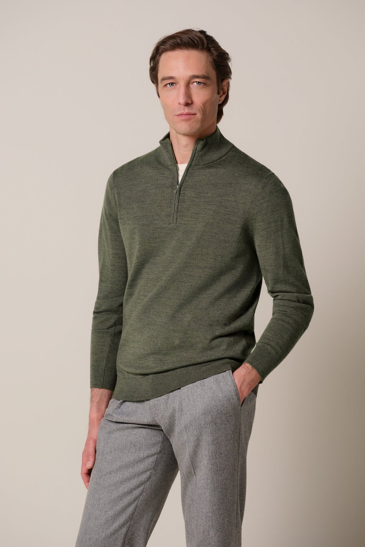 Donkergroene merino half zip