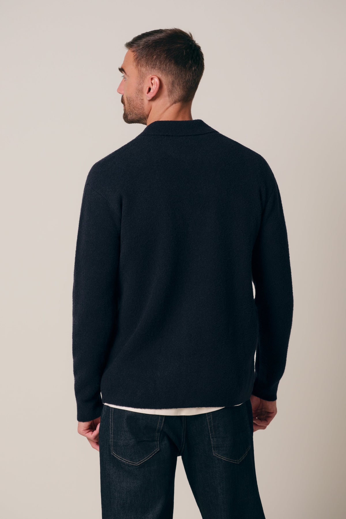 Navy boiled wollen full button polo