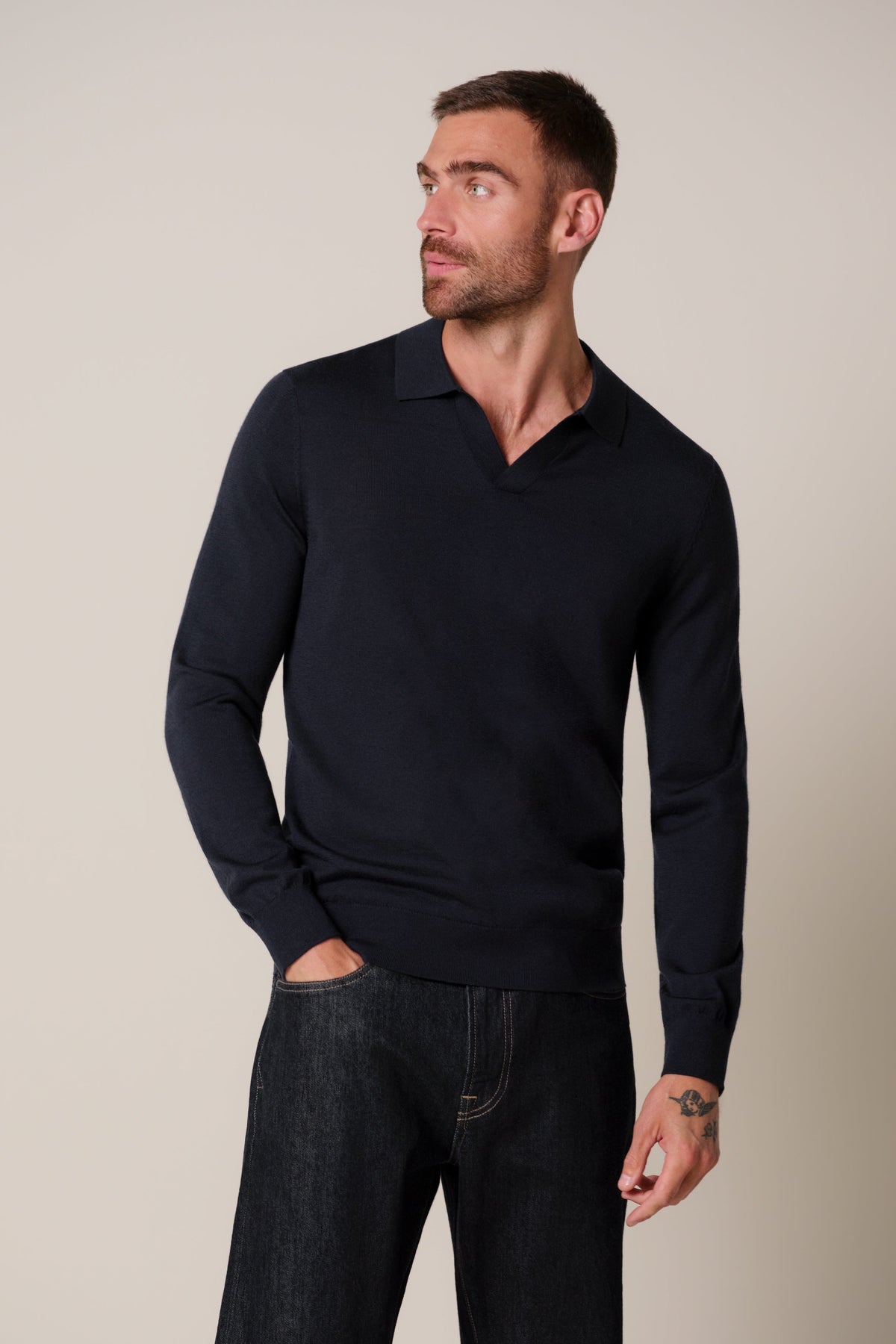 Navy merino open kraag polo