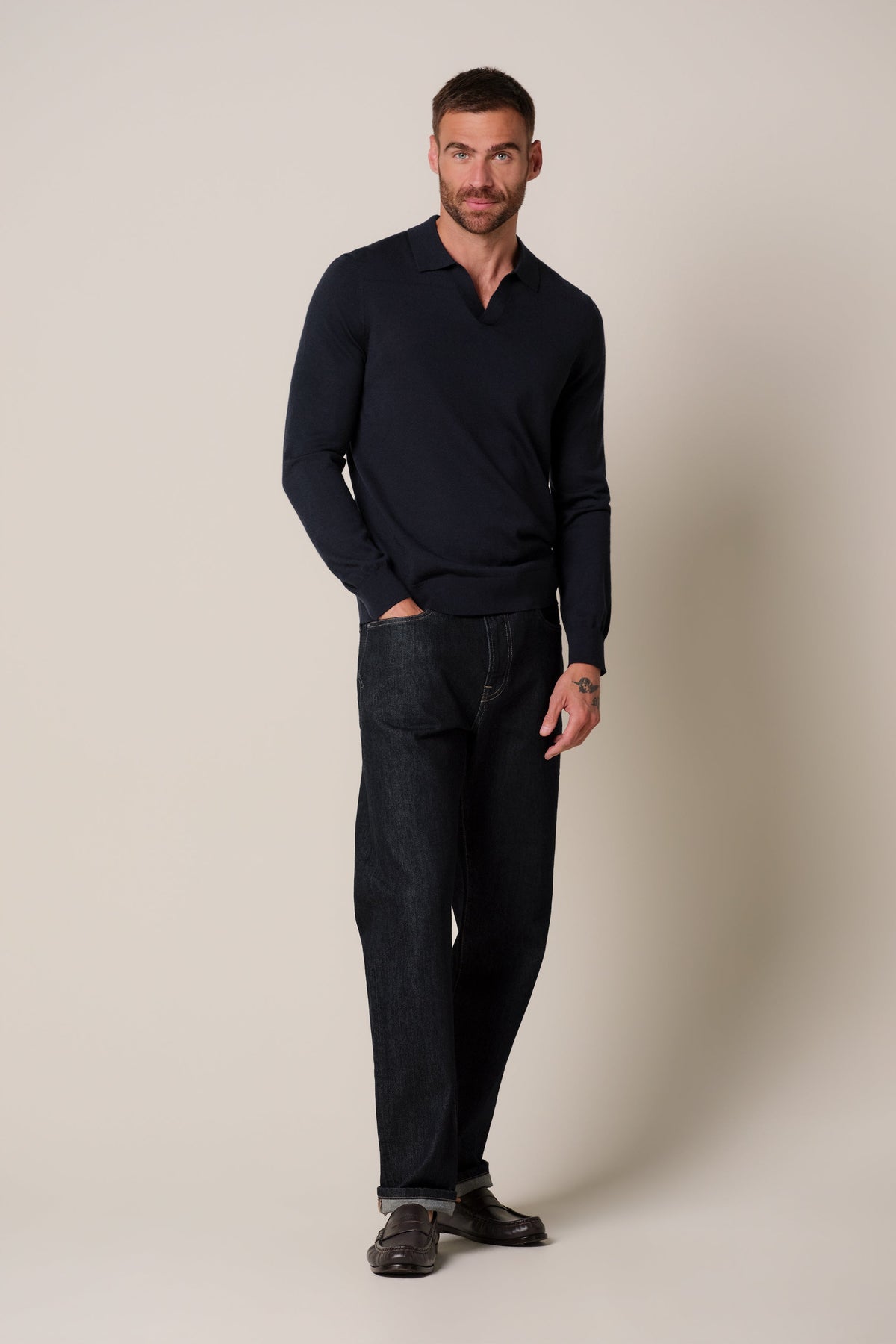 Navy merino open kraag polo