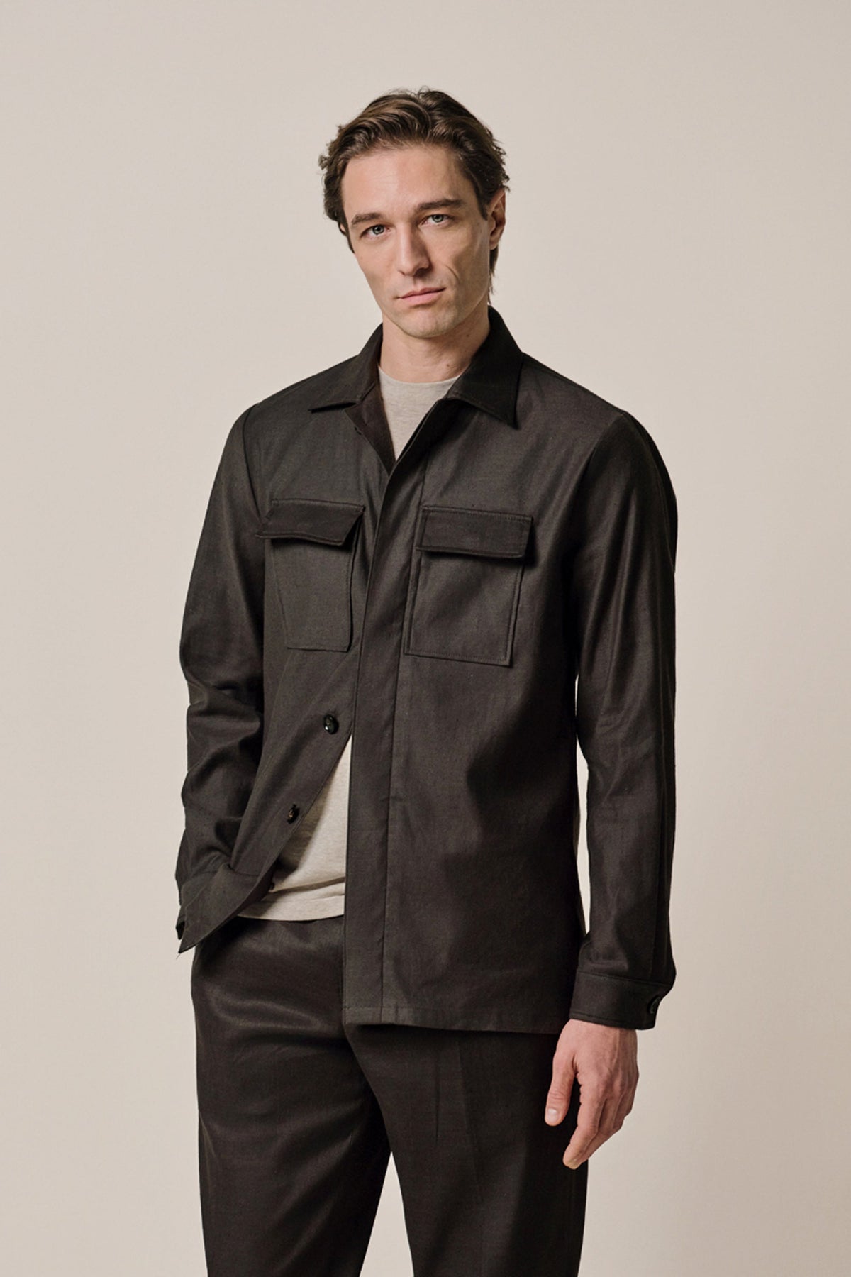 Donkerbruine linnen katoen overshirt