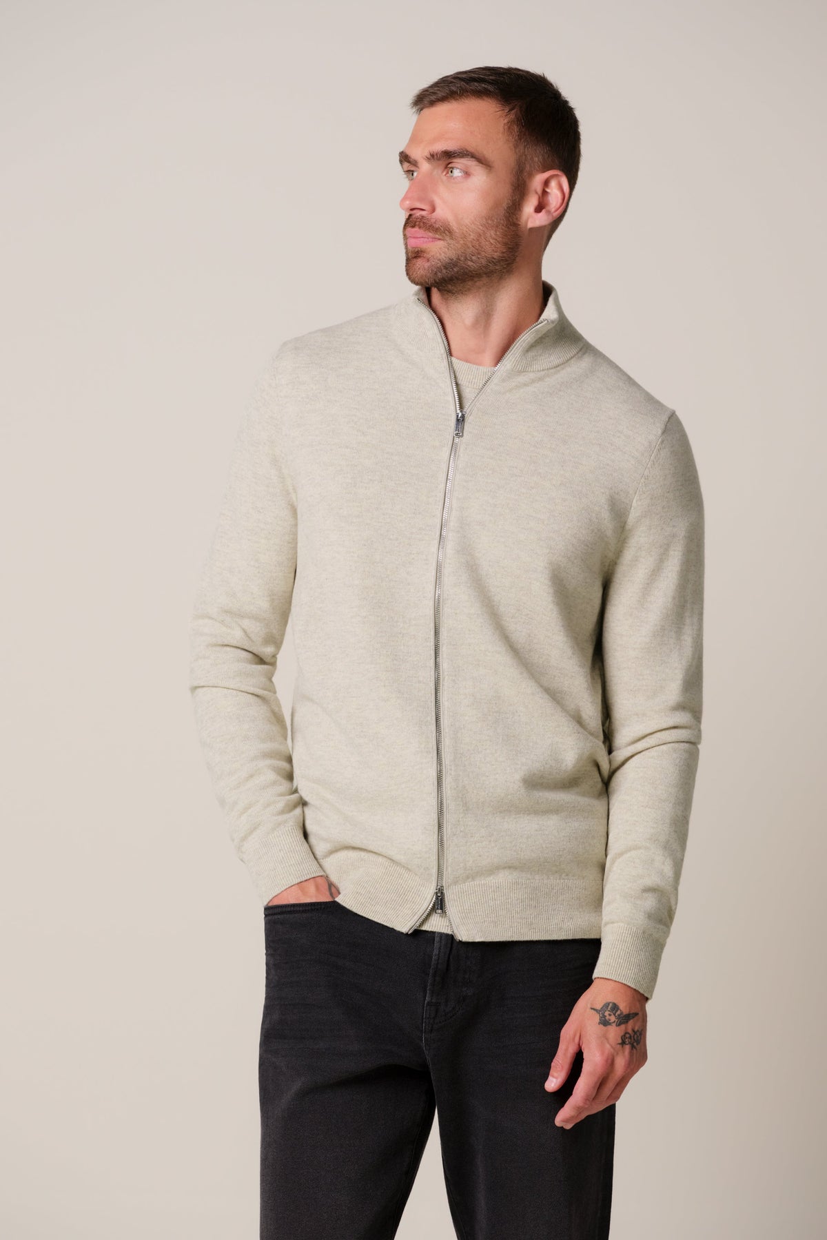 Beige wol blend full zip cardigan