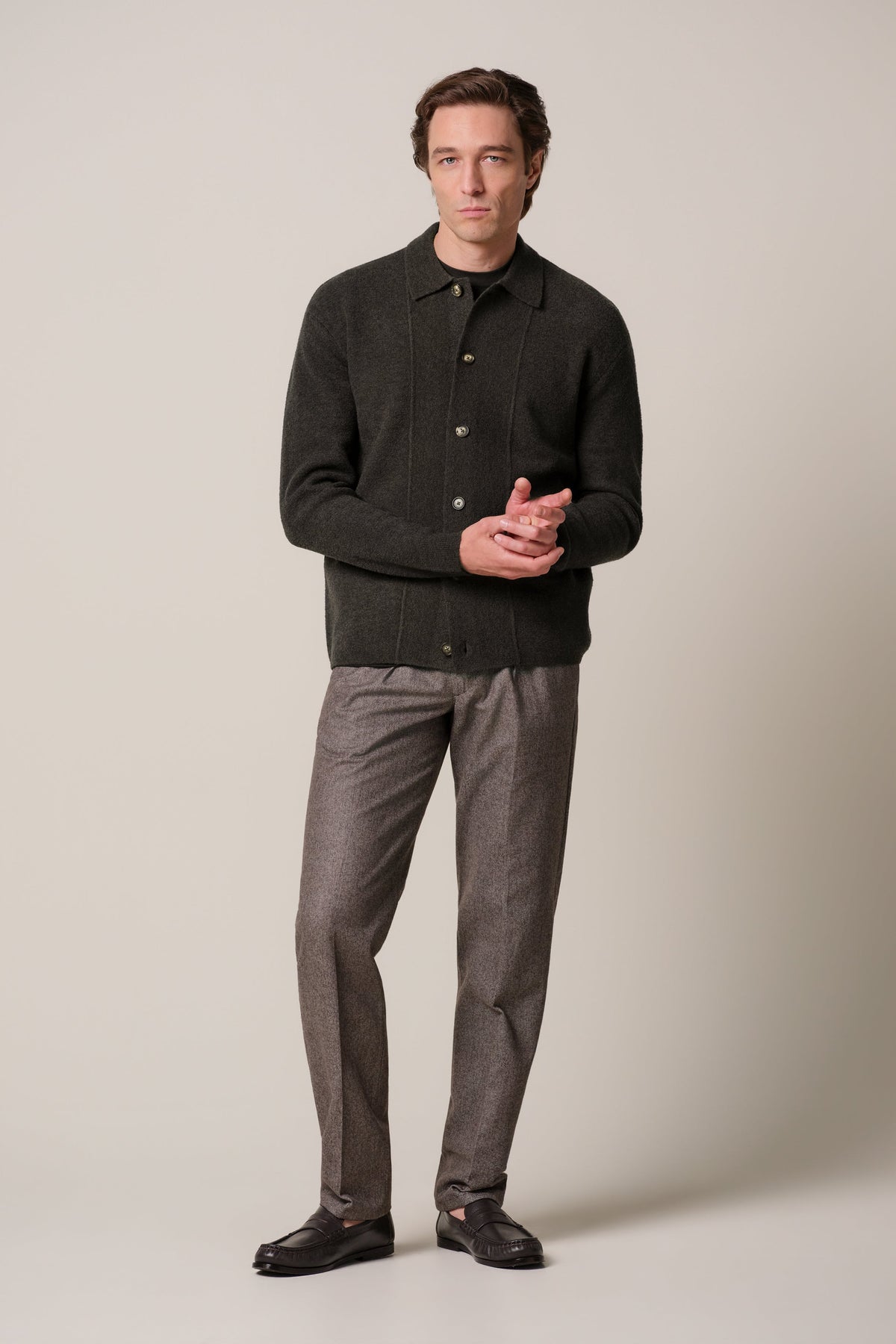 Bruine boiled wollen full button polo