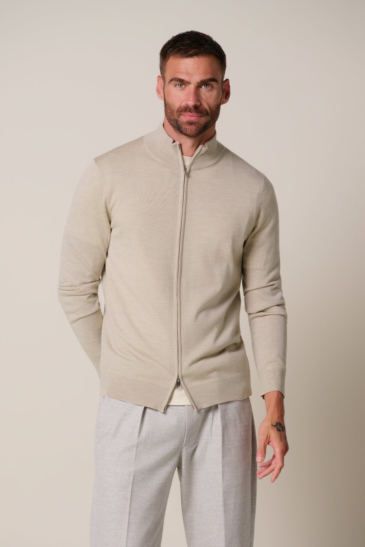 The Hawthorne Beige Merino Full-Zip Vest
