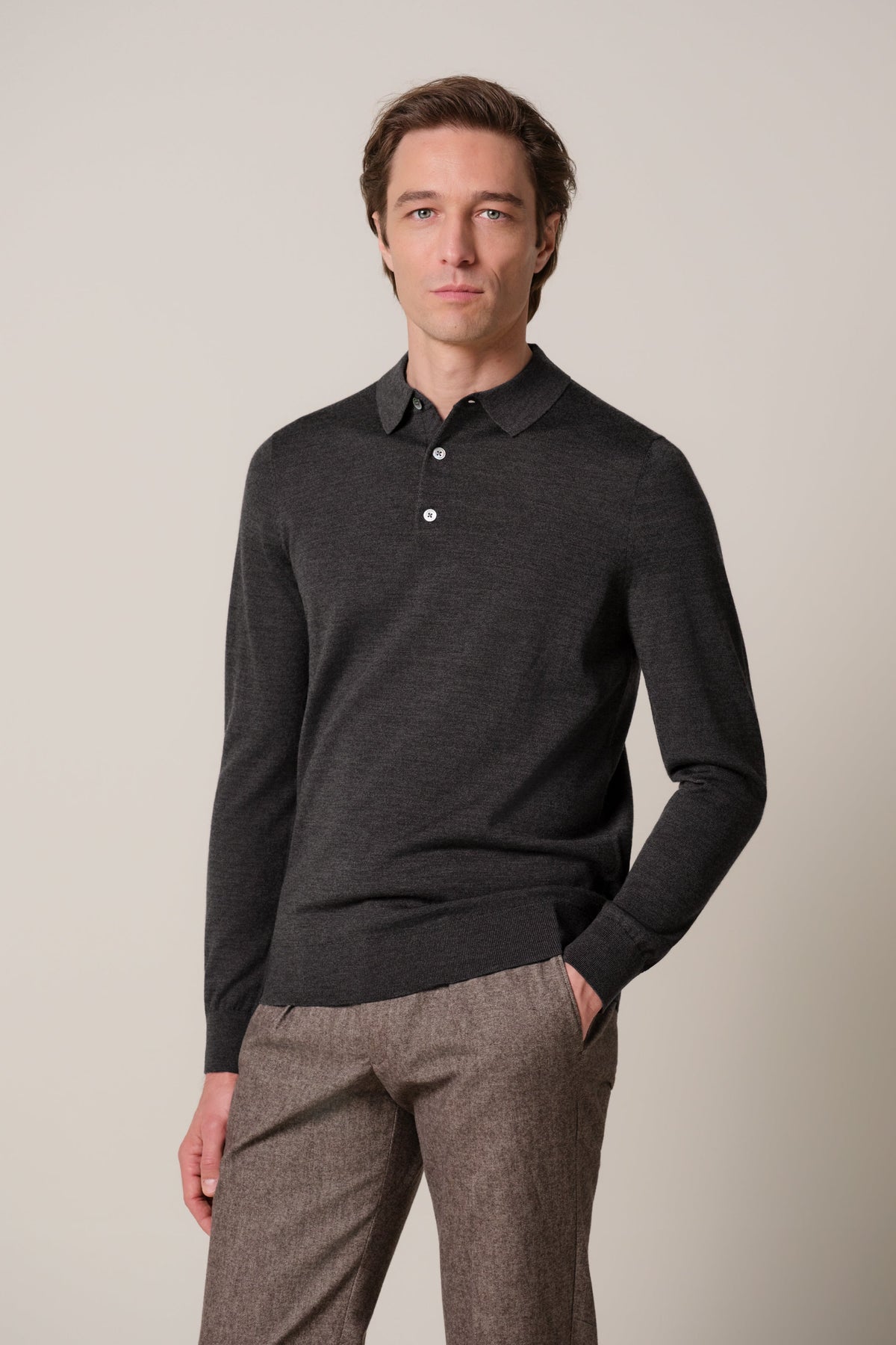 Donkerbruine merino polo