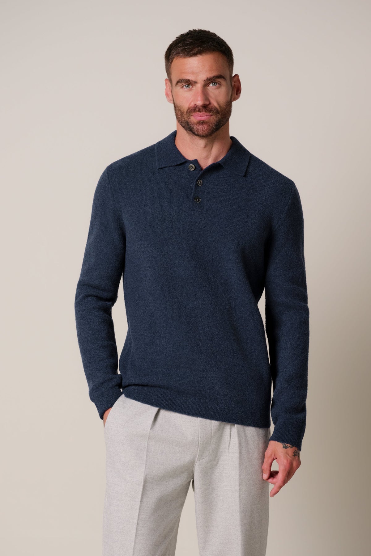 Blauwe boiled wollen polo