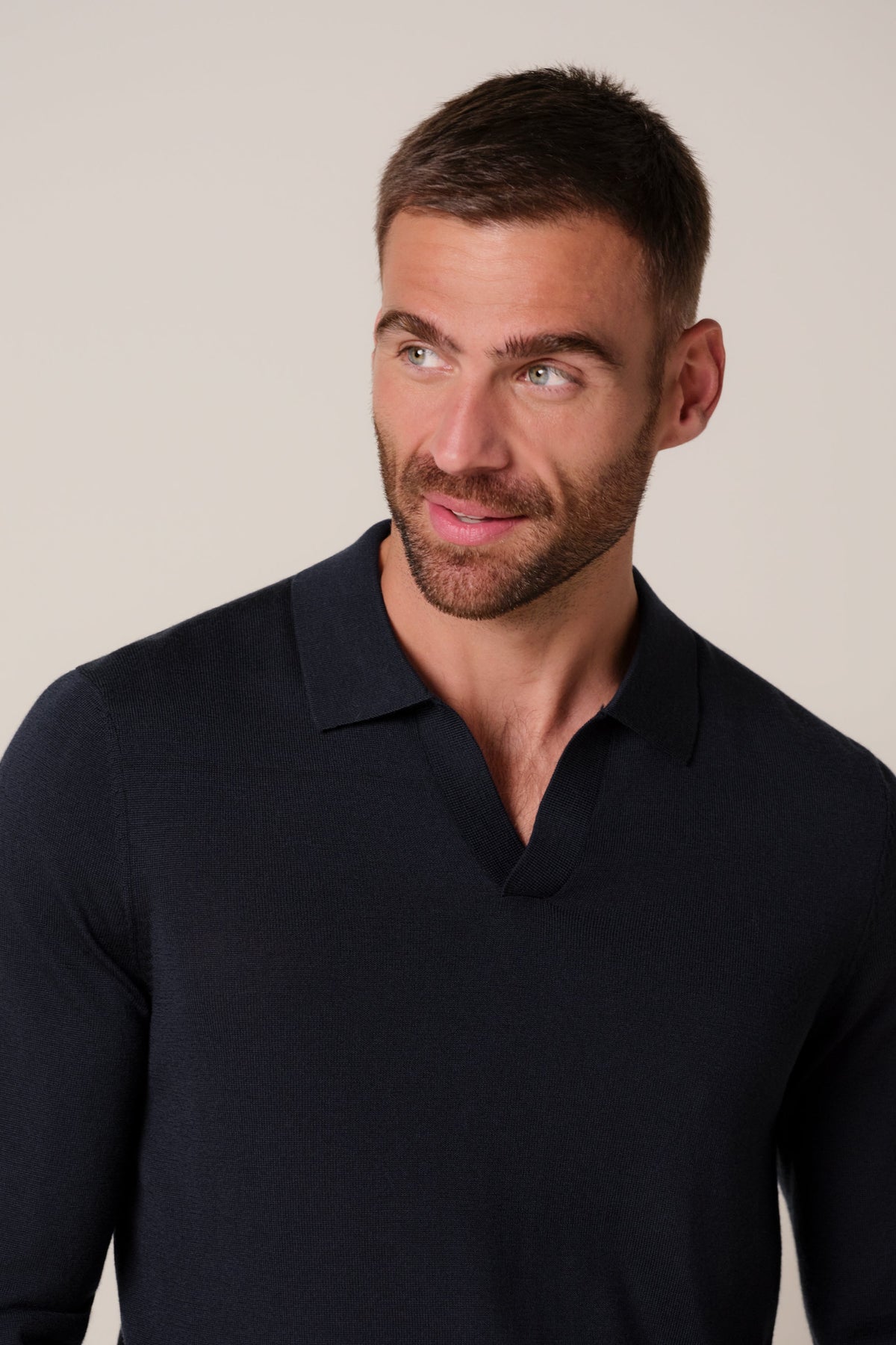 Navy merino open kraag polo