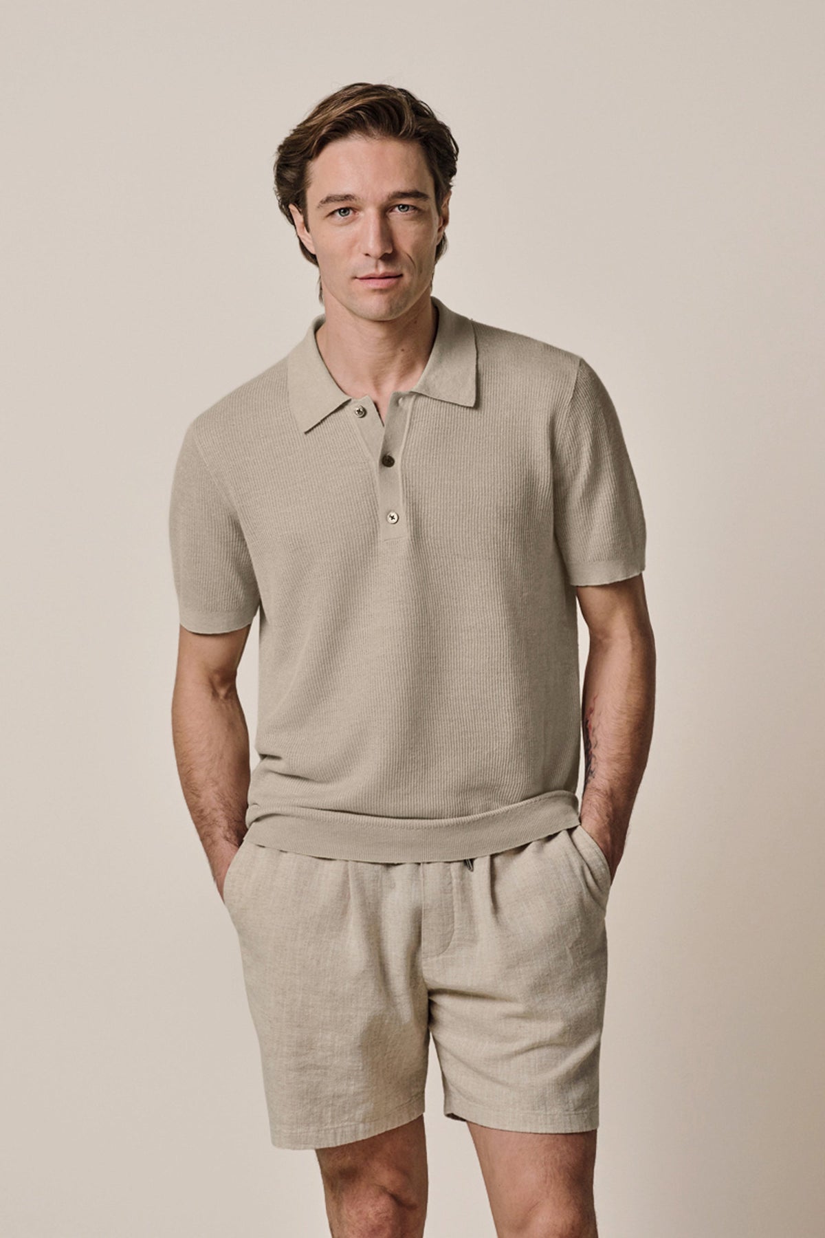 Beige linnen katoenen polo