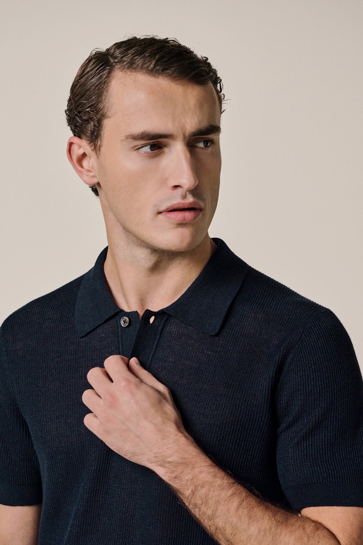 Navy linnen-katoen polo