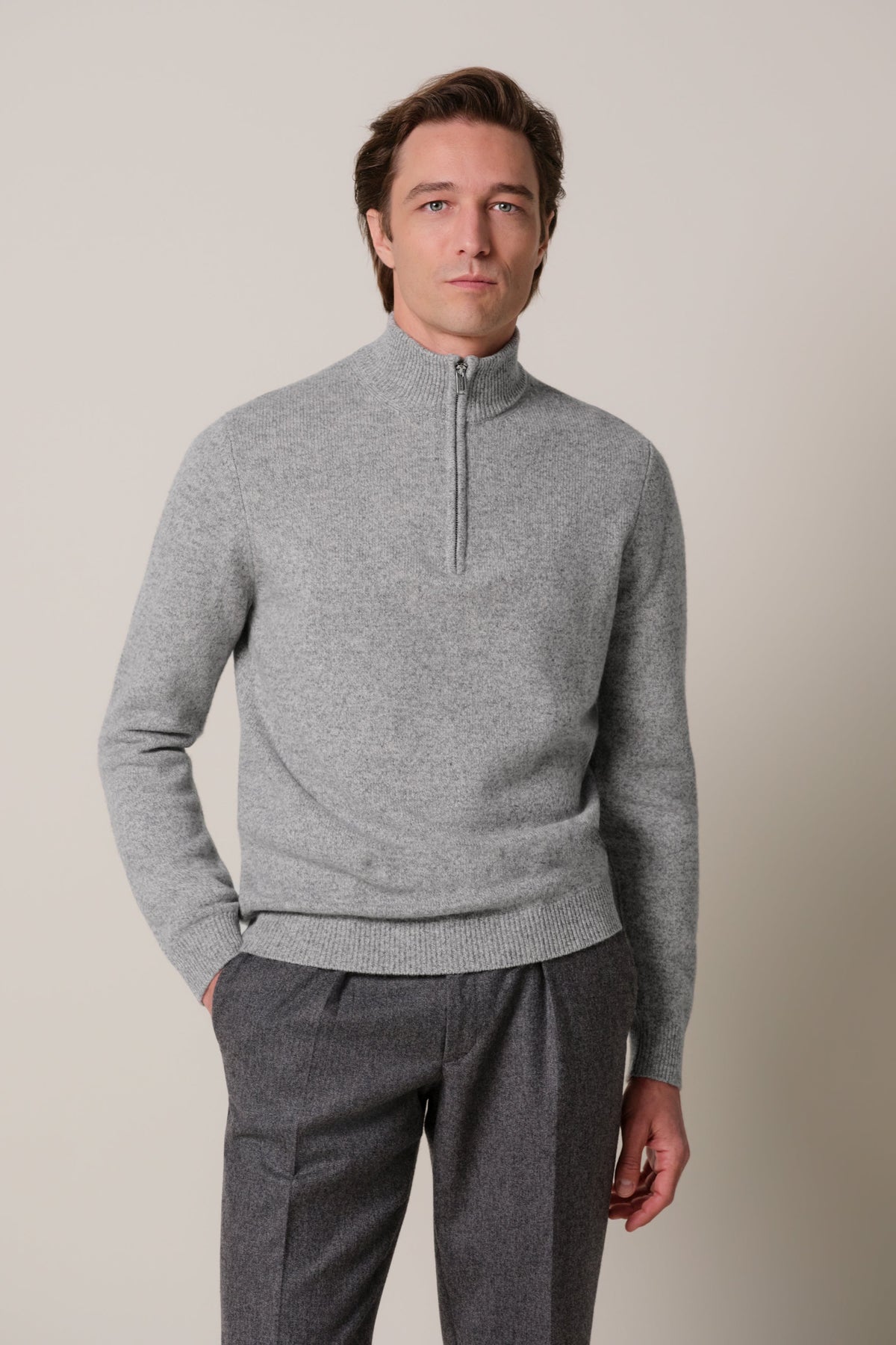 Grijze two-tone wollen half zip