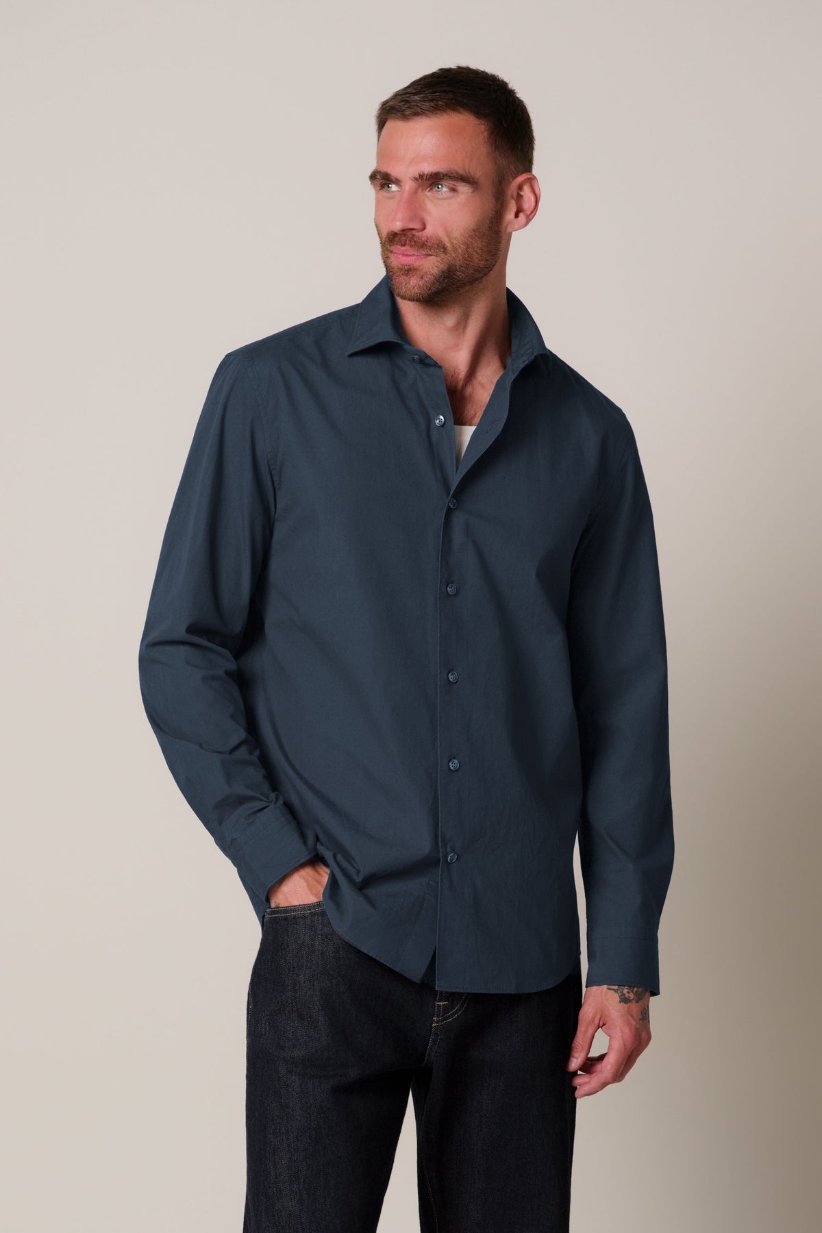 Navy soft casual overhemd