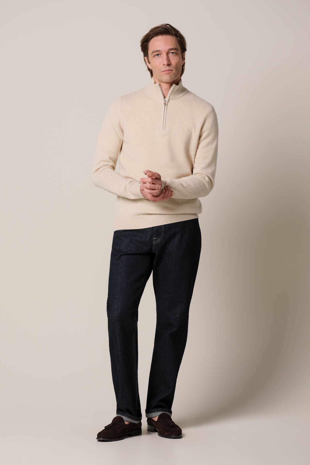 Zand two-tone wollen half zip
