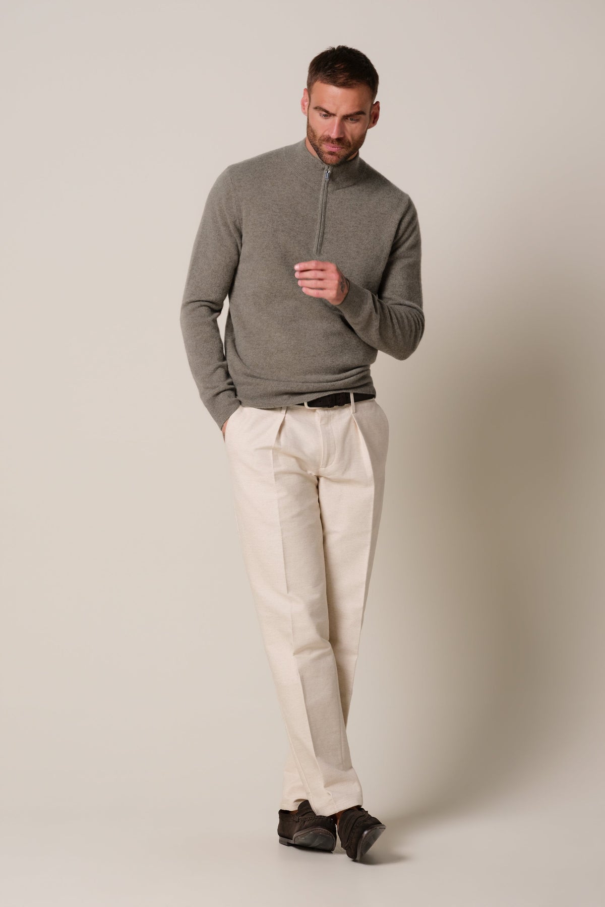 Donkerbeige cashmere half zip
