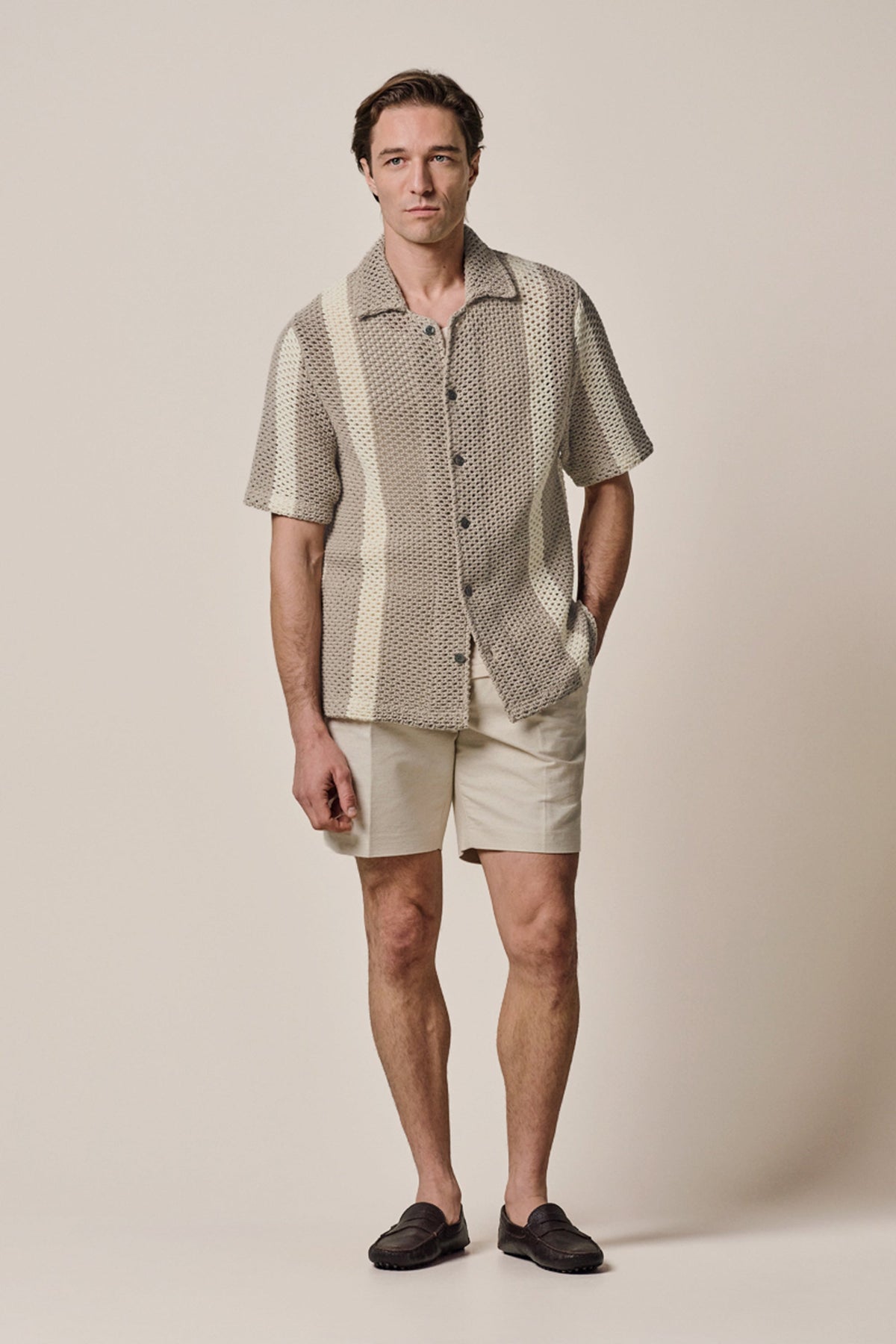 Beige crochet button through polo