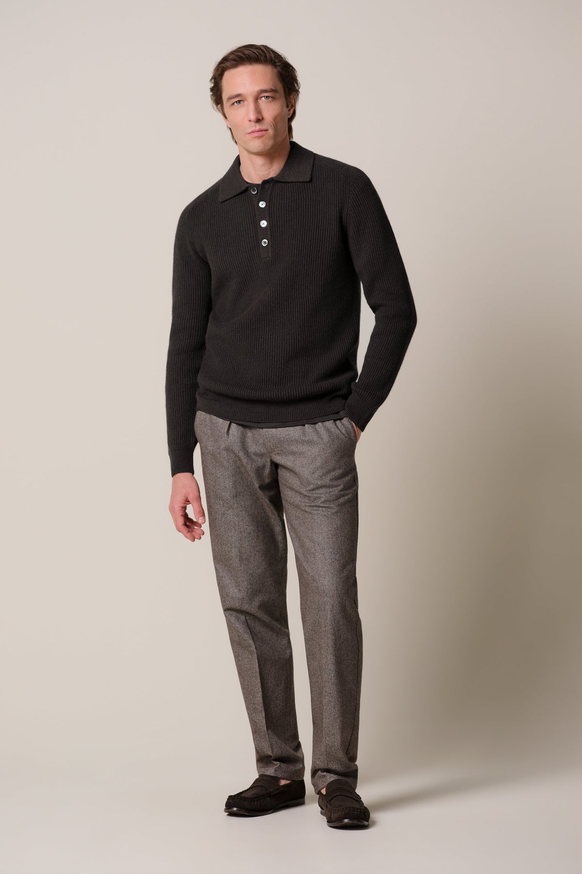Donkerbruine heavy wollen polo