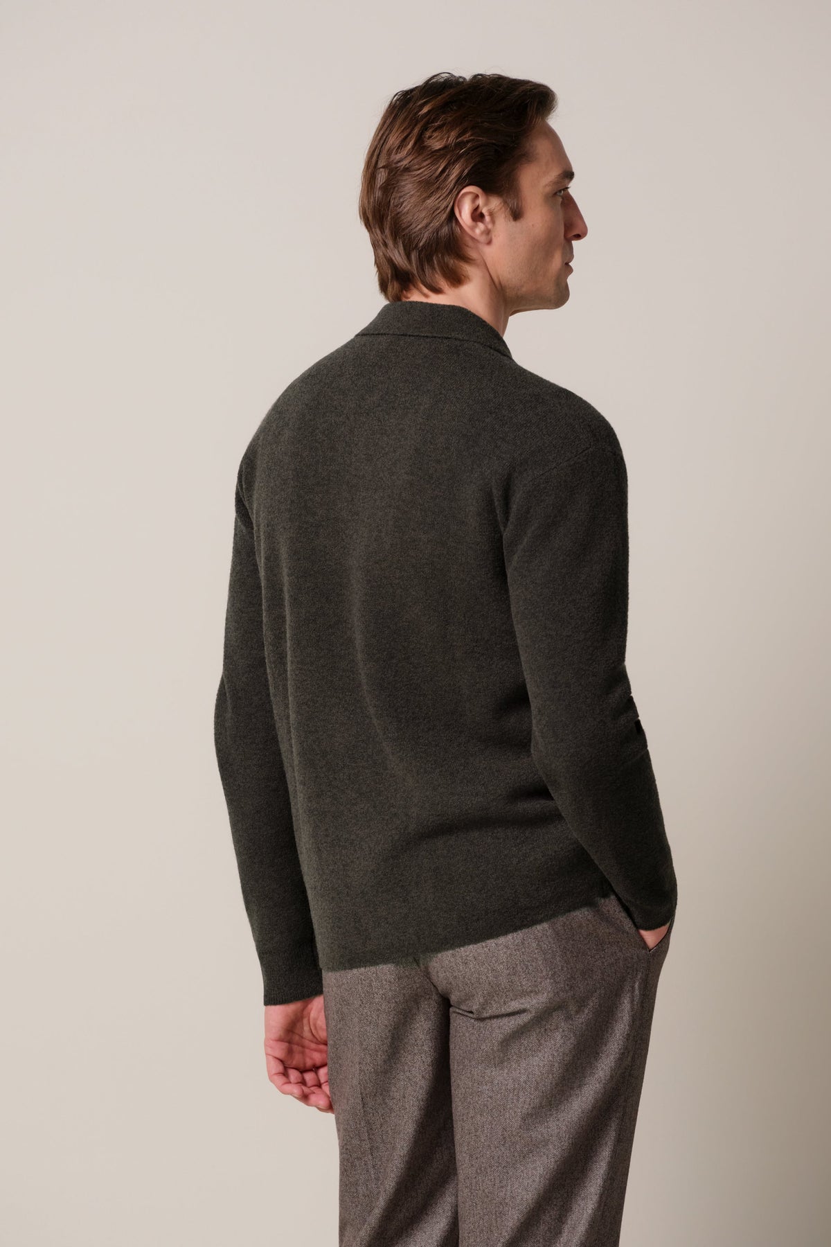Bruine boiled wollen full button polo