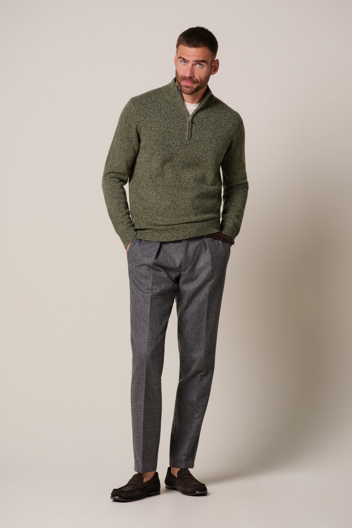 Groene two-tone wollen half zip