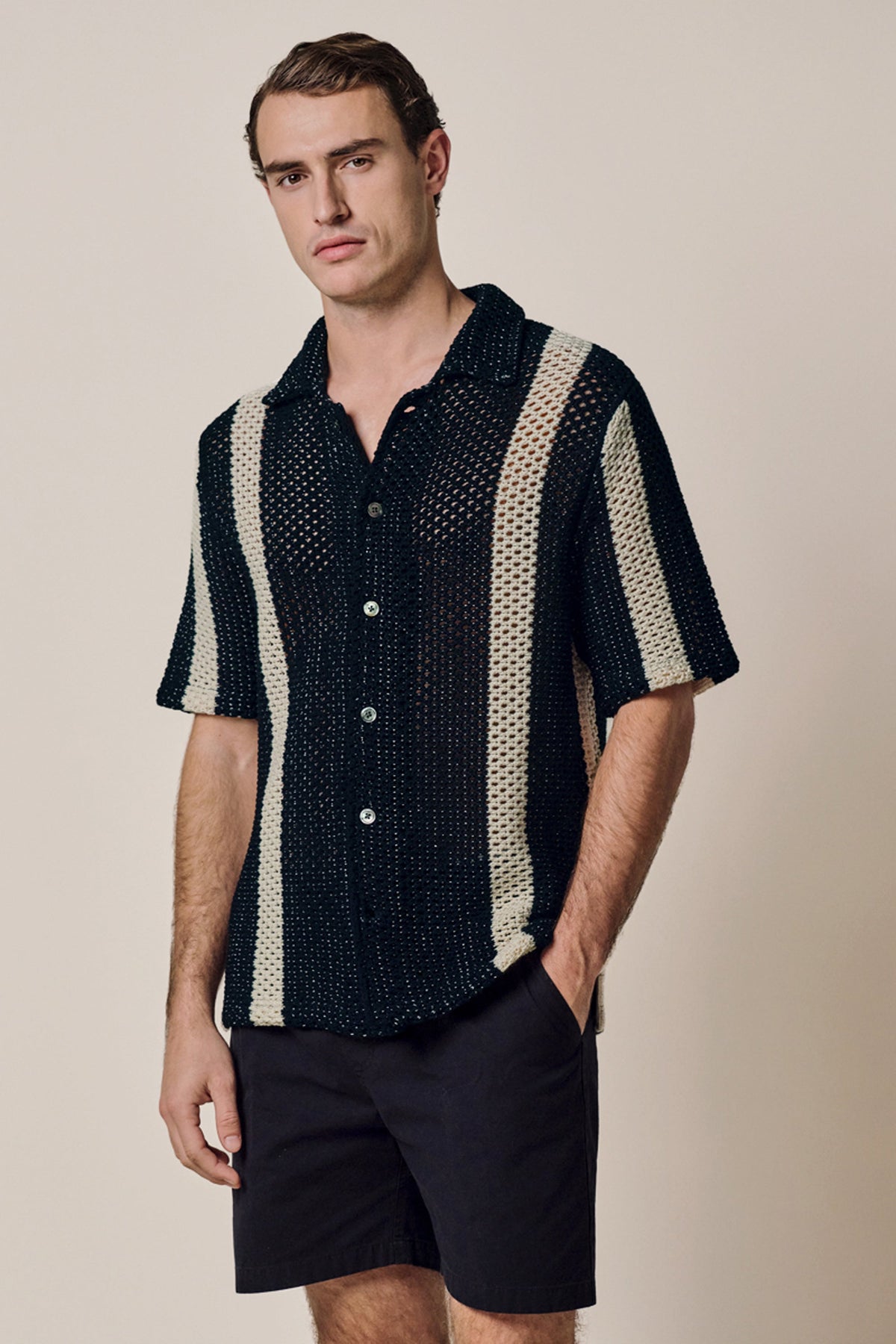 Navy crochet button through polo
